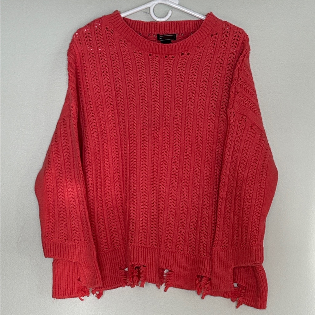Vibrant Coral Distressed Knit Sweater L/Xl